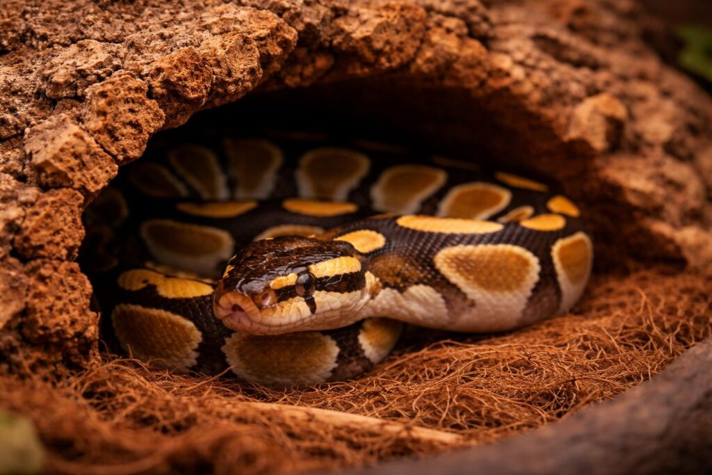 Ball python curled inside a hide box after a recent shed
