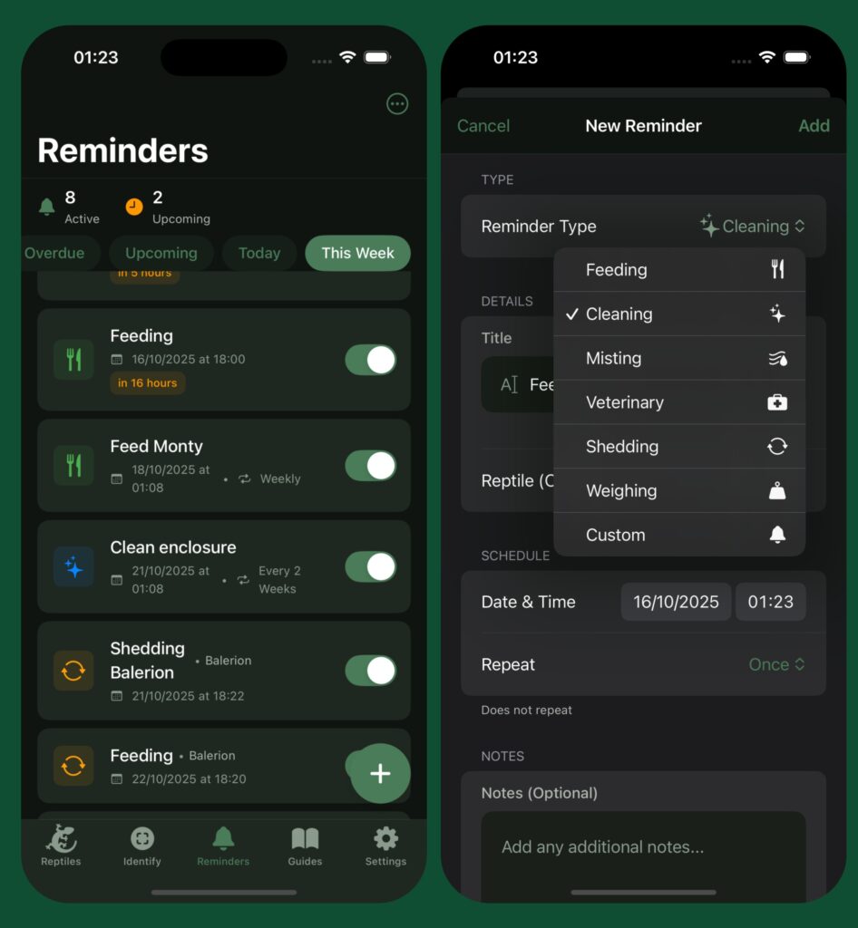 Exotic Reptile Care app feeding schedule tracker