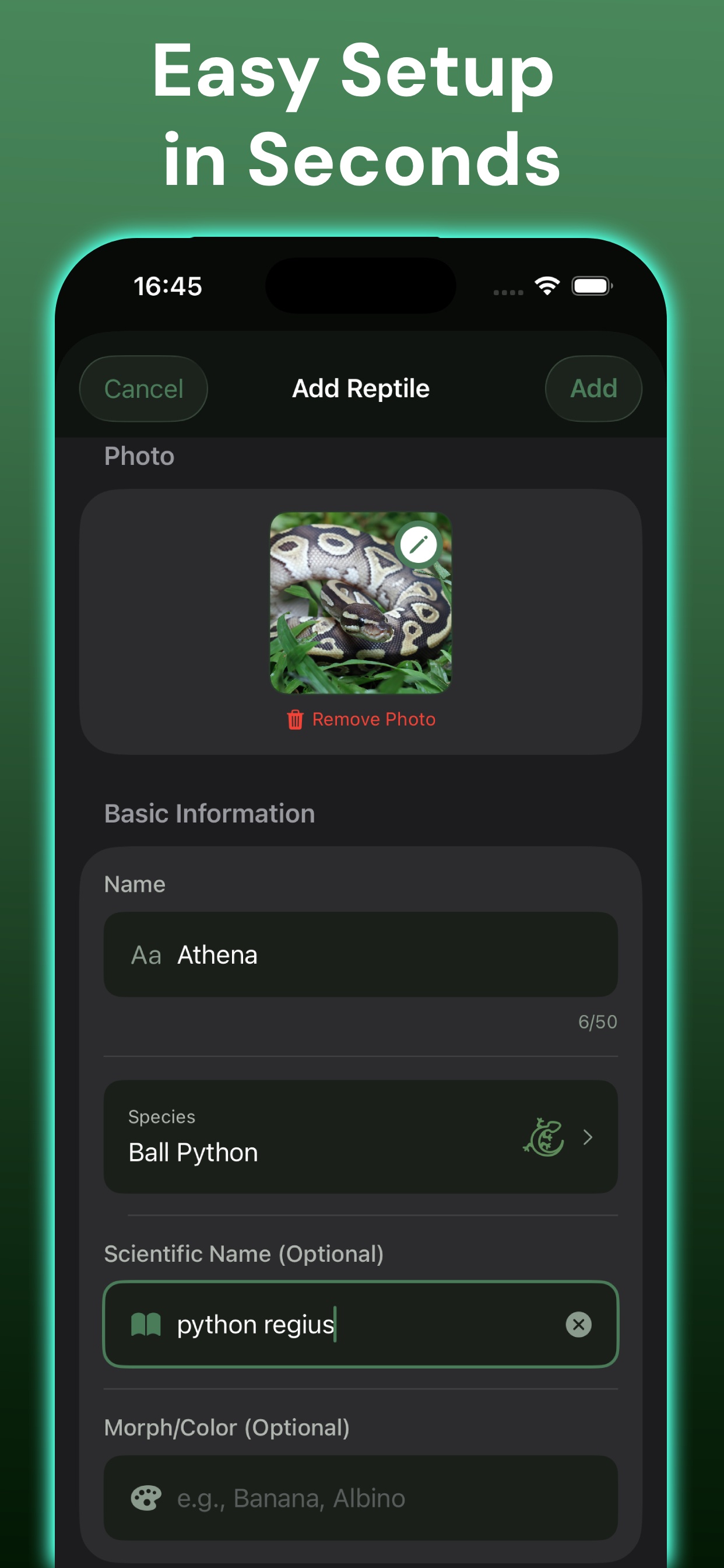 Easy reptile setup screen showing how to add a new reptile profile with photo, species, and morph details