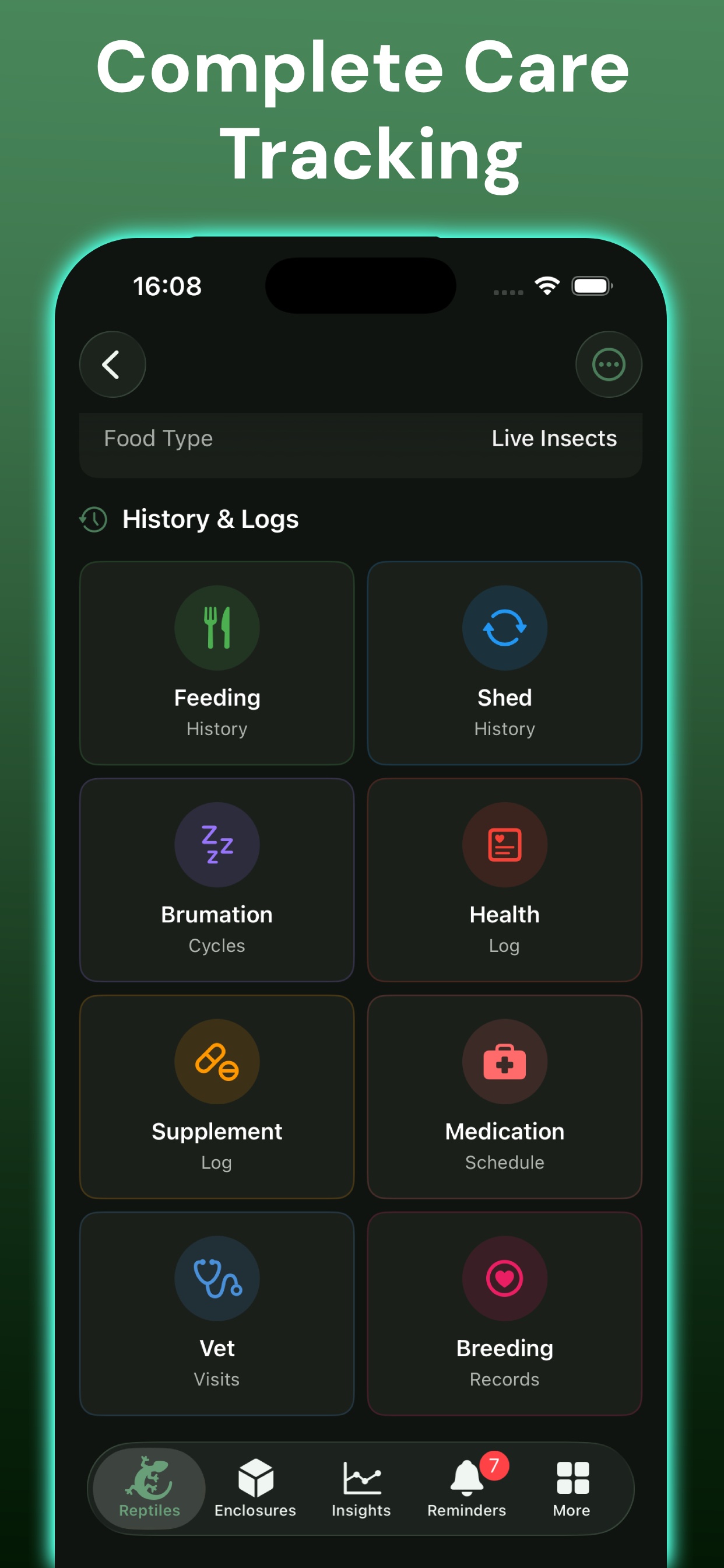 Reptile care tracking screen showing feeding history, shed cycles, health logs, supplement and medication tracking tabs