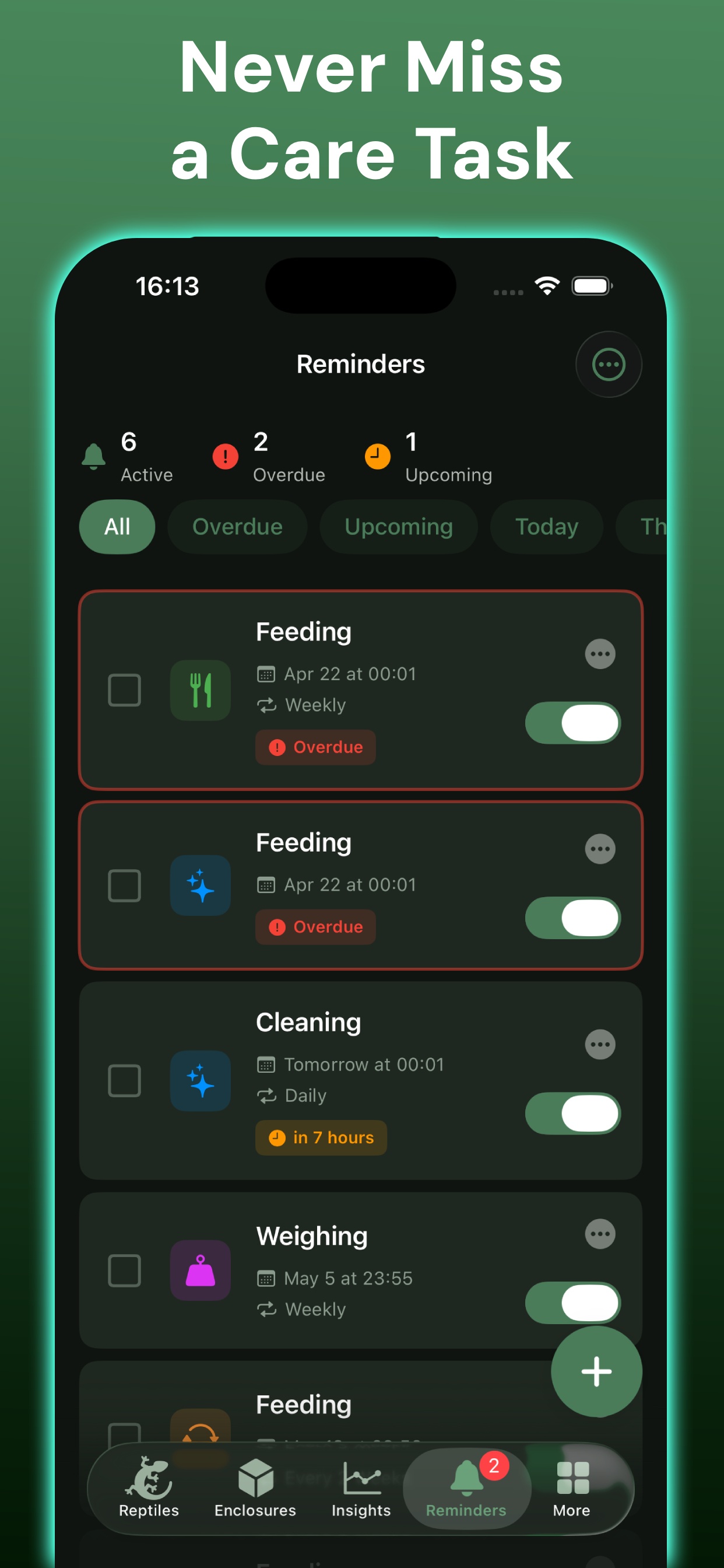 Smart care reminders dashboard showing overdue, today, and upcoming reptile care tasks with snooze and skip options