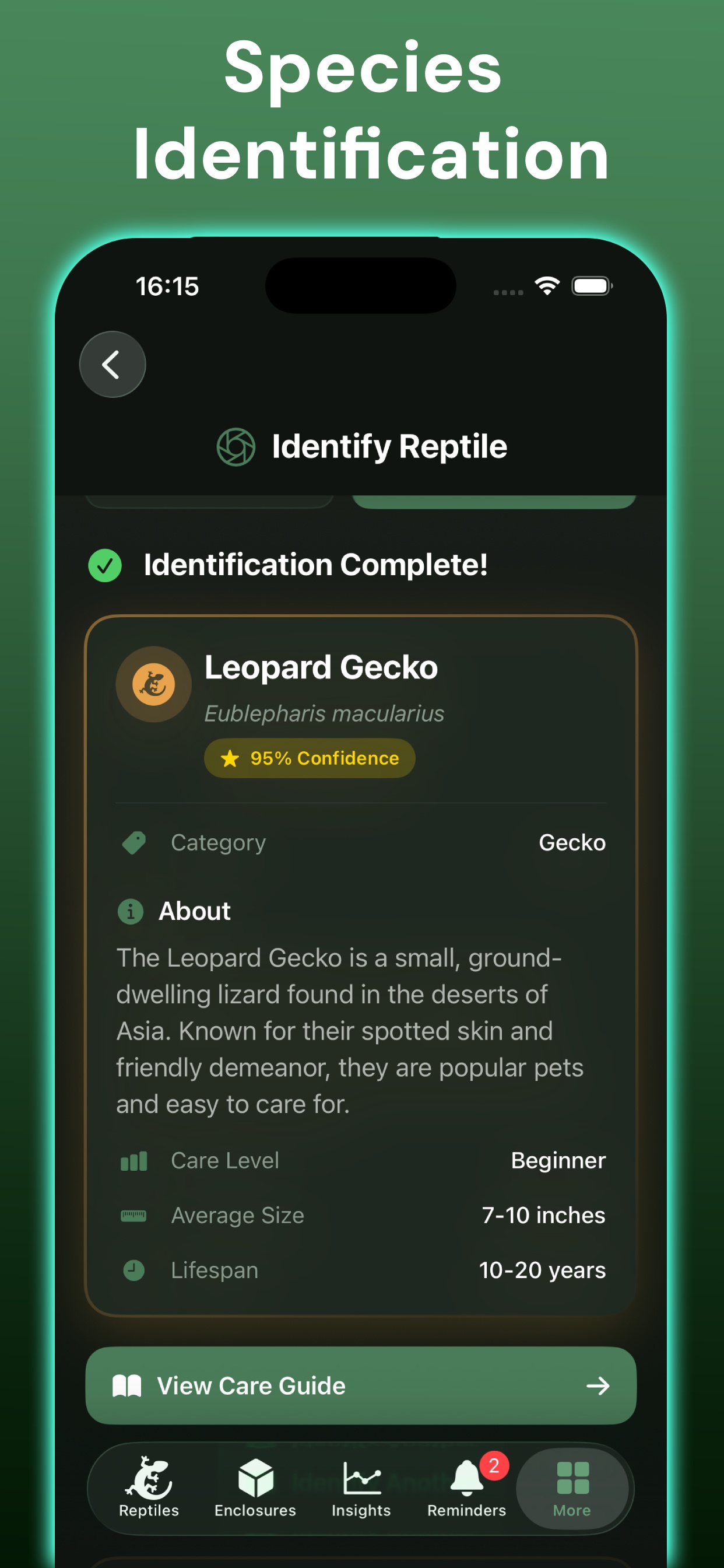 AI reptile species identification result showing a leopard gecko with confidence score, care level, size, lifespan, and care guide