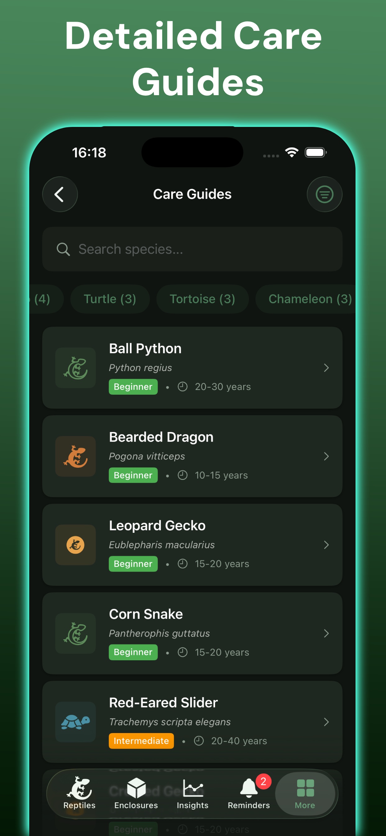Care guides list showing ball python, bearded dragon, leopard gecko, corn snake, and red-eared slider species guides