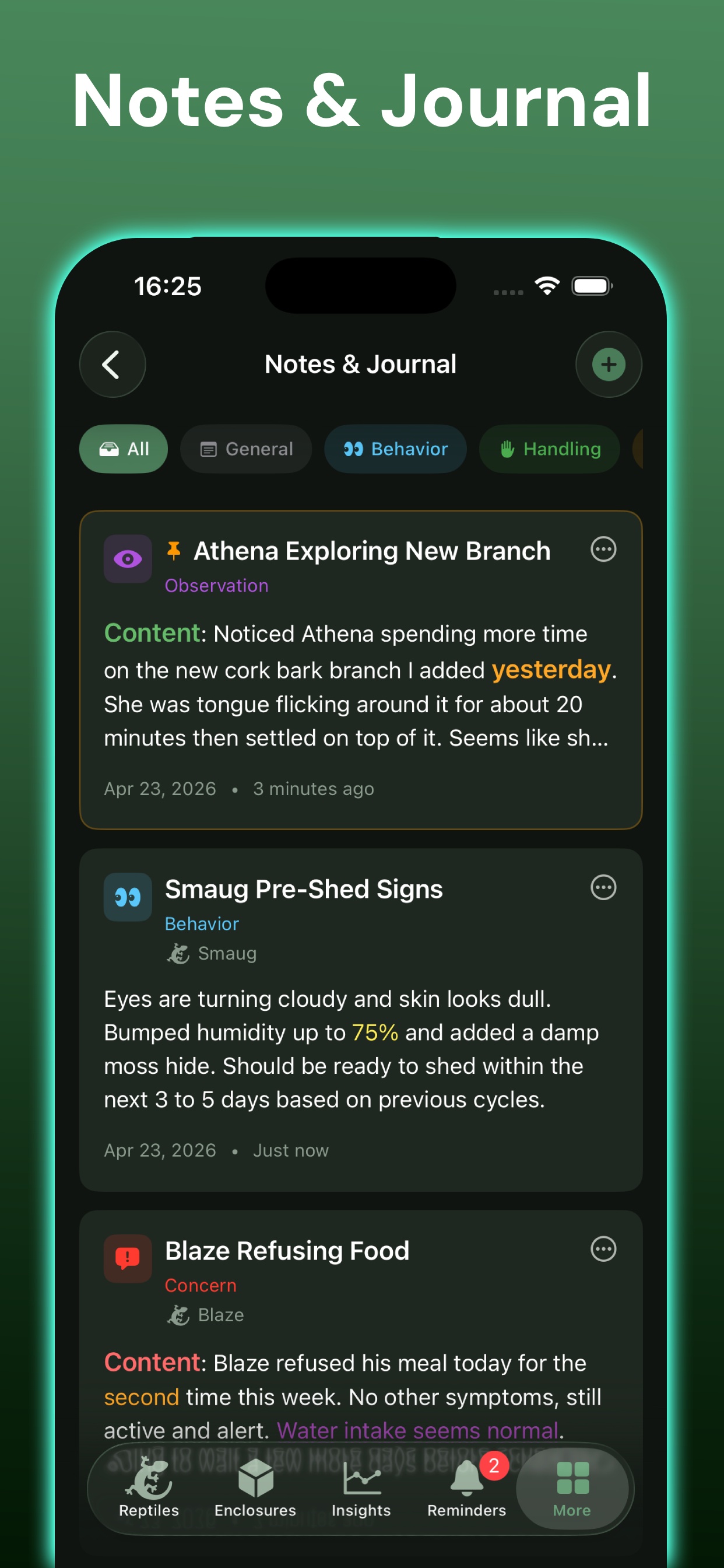Notes and journal screen for logging reptile observations and behavior