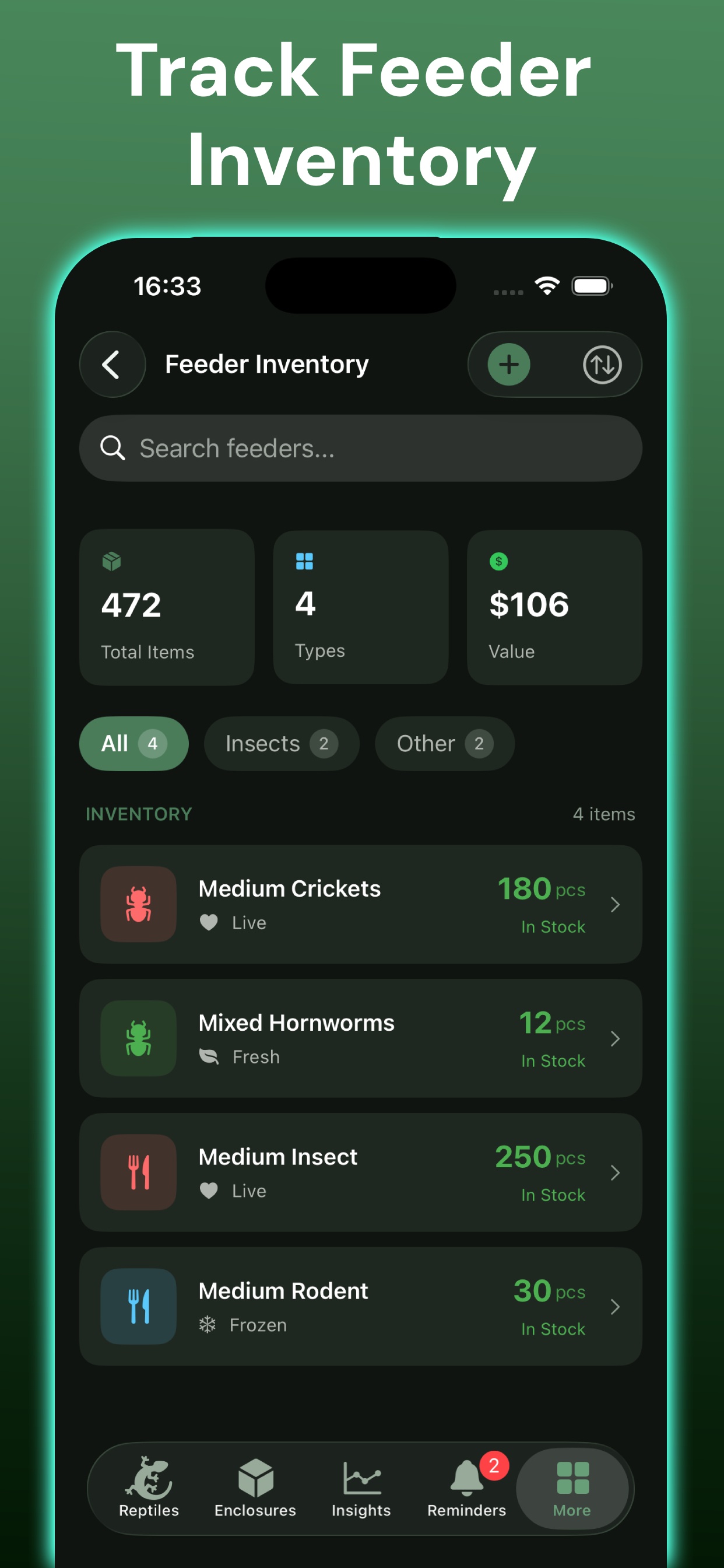 Feeder inventory tracking screen with stock levels, costs, and low stock alerts