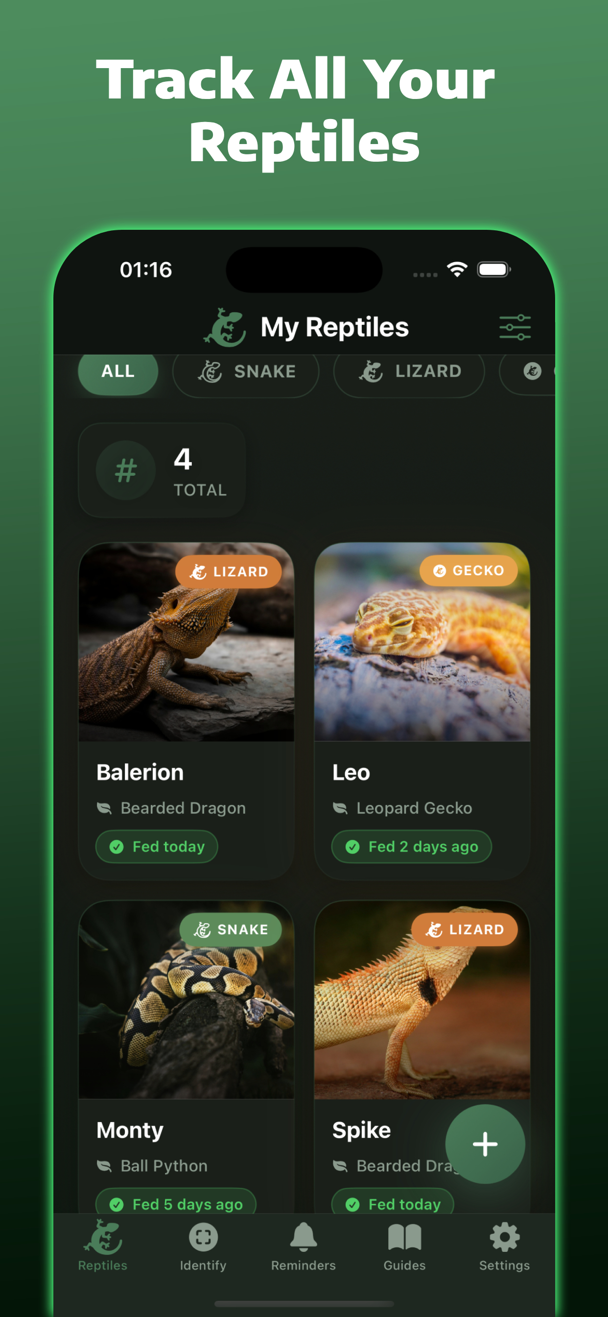 Exotic Reptile Care app showing reptile collection dashboard