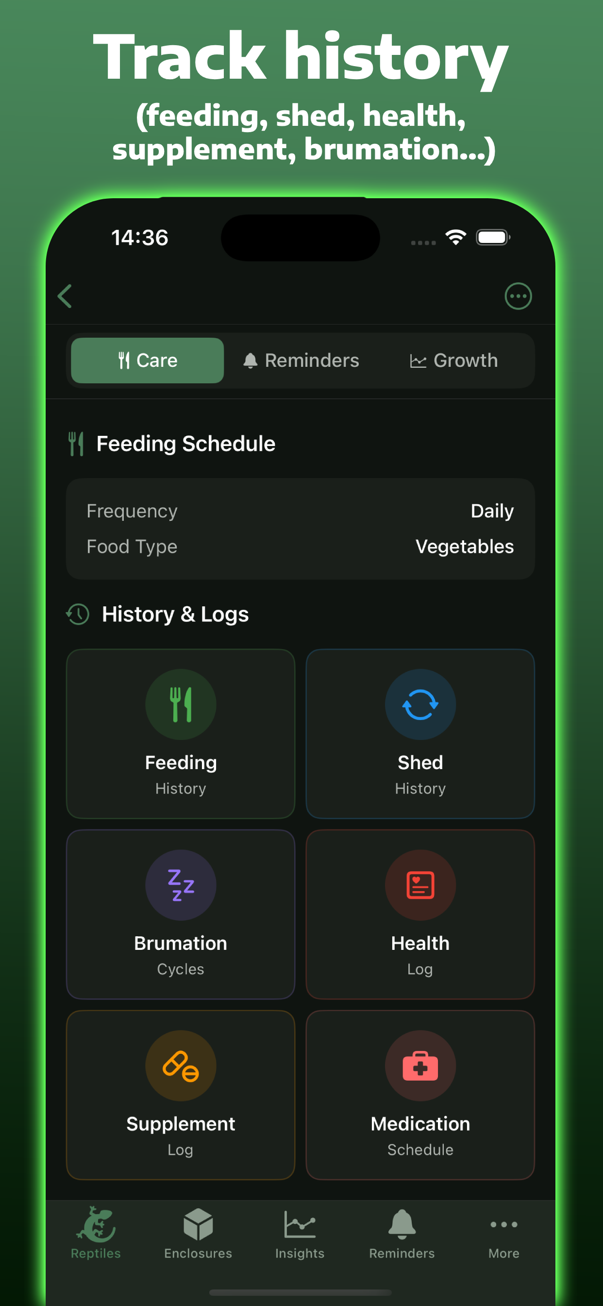 Detailed reptile care profile with history and logs