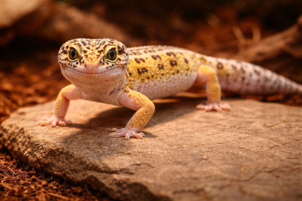 Active leopard gecko walking across a warm rock inside its enclosure