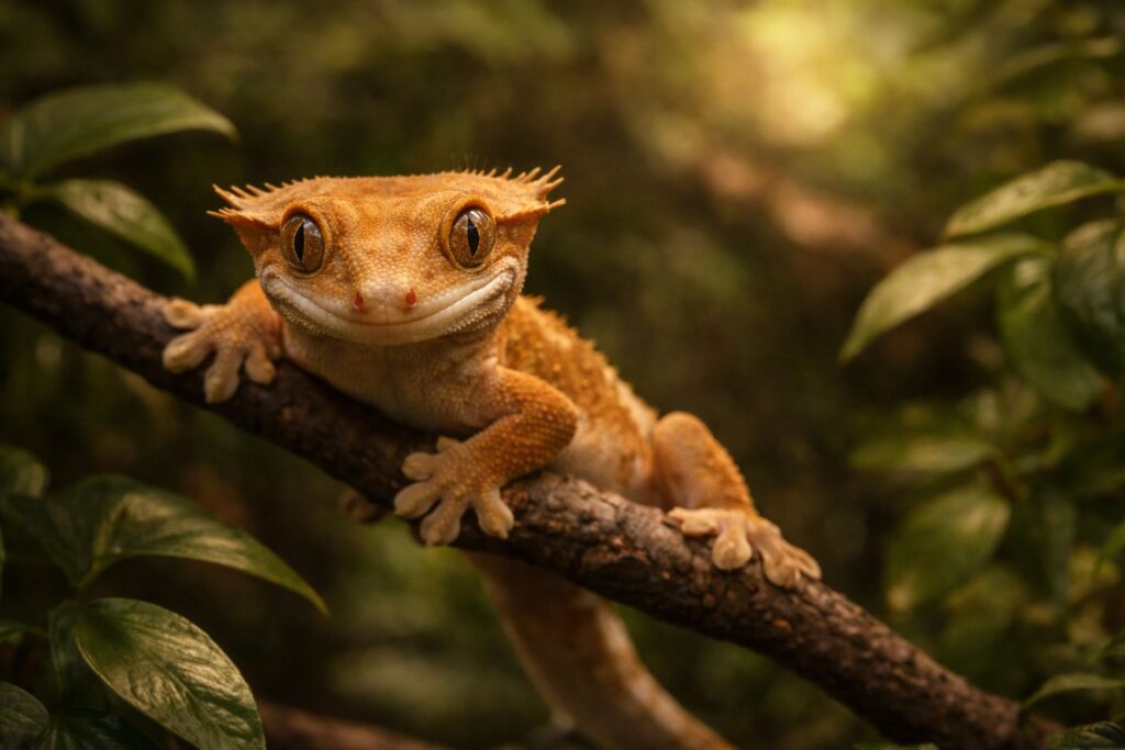 Crested gecko perched on a branch inside a planted terrarium at night