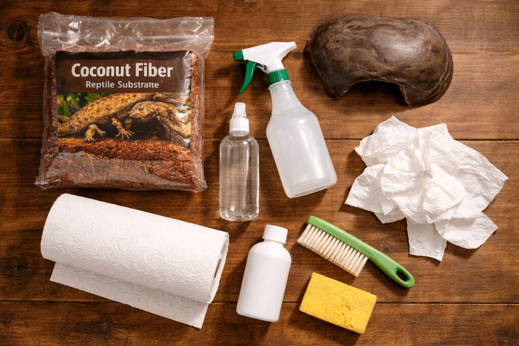 Snake keeper wiping down the inside of a glass snake enclosure with paper towels