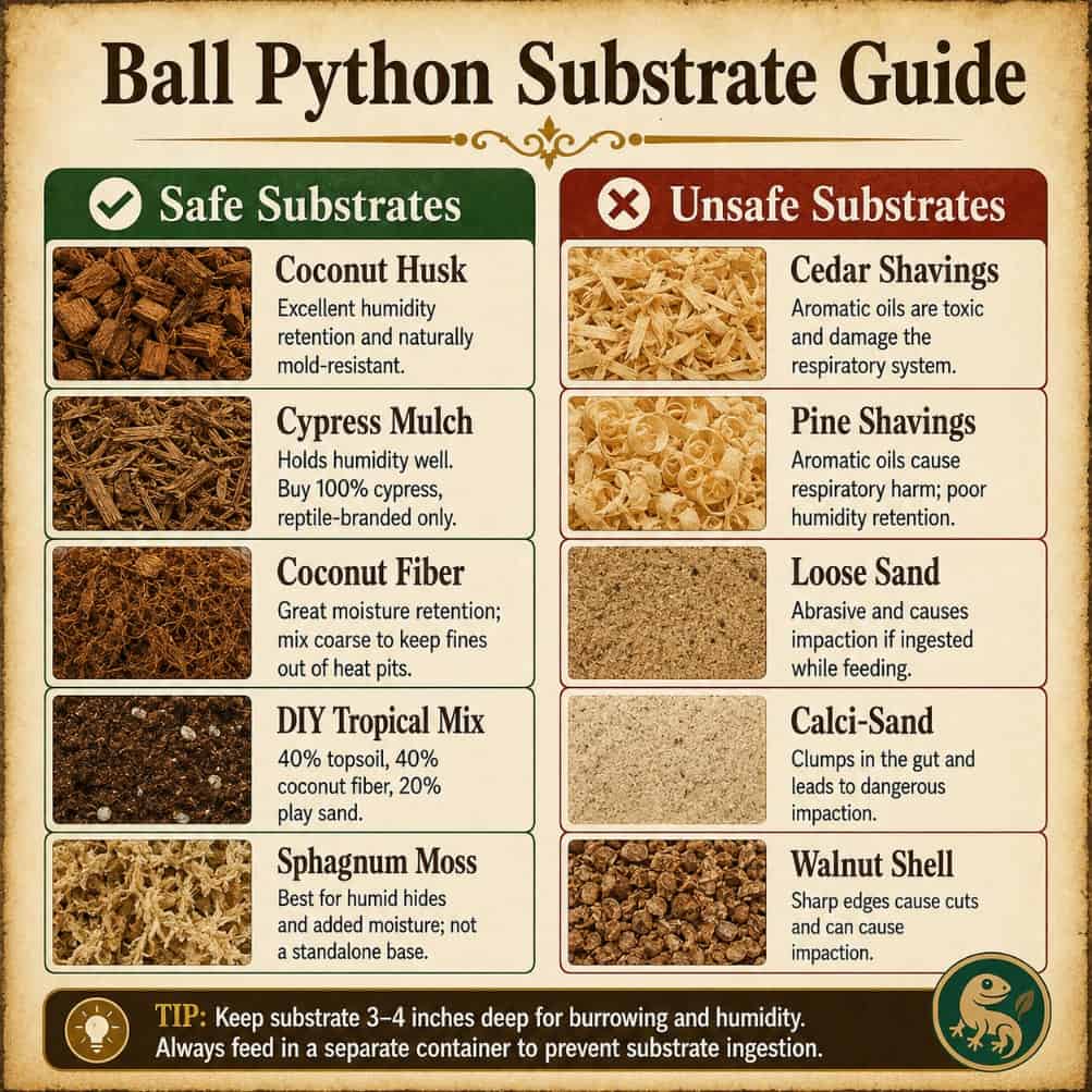 Ball python substrate guide comparing safe substrates (coconut husk, cypress mulch, coconut fiber, DIY tropical mix, sphagnum moss) versus unsafe substrates (cedar shavings, pine shavings, loose sand, calci-sand, walnut shell)