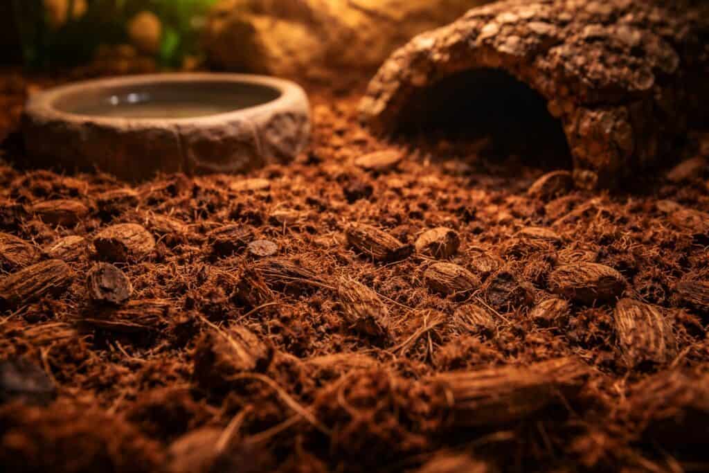 Close-up of coconut husk substrate inside a ball python enclosure with a water bowl visible