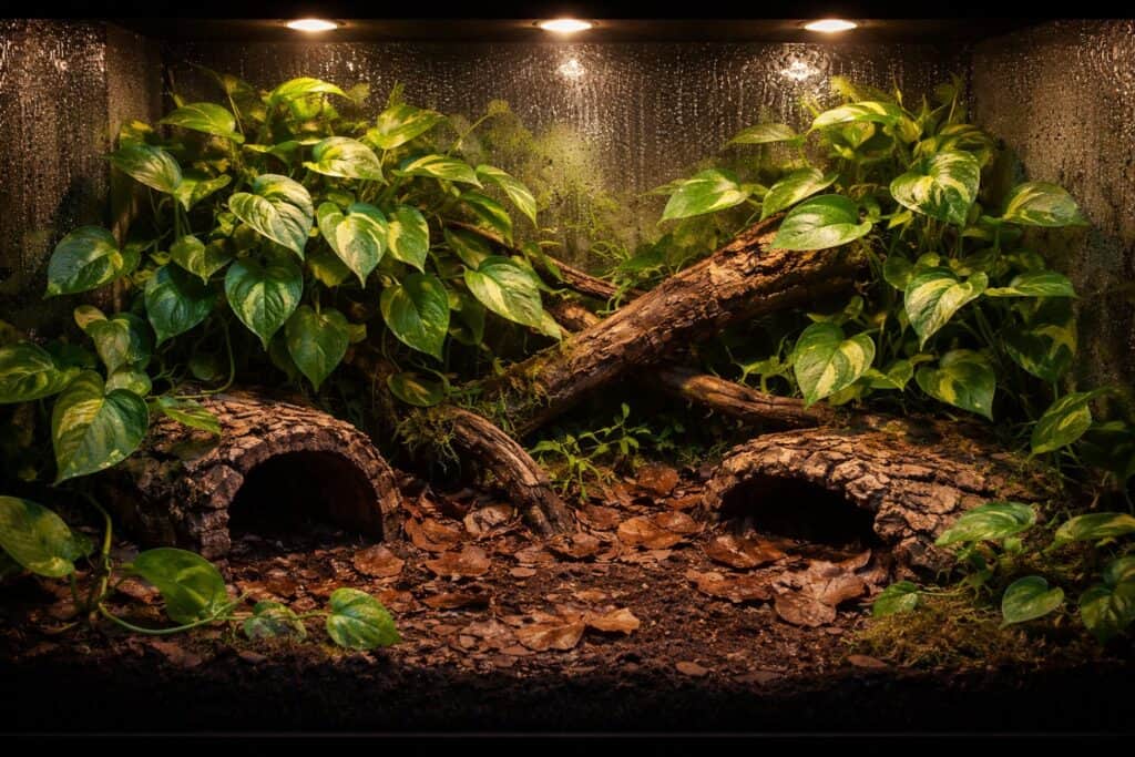 Lush bioactive reptile enclosure with live plants, cork bark, and natural substrate