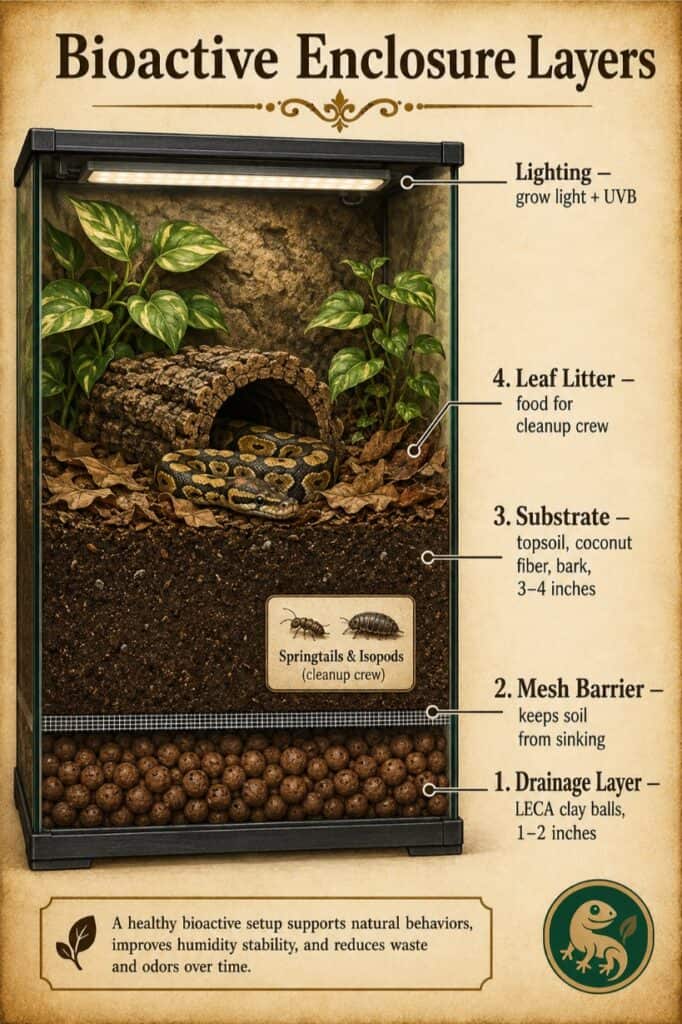 Cross-section diagram of a bioactive reptile enclosure showing layers from bottom to top: LECA drainage layer, mesh barrier, soil substrate, and leaf litter, with live plants, a cork bark hide, a ball python, and cleanup crew springtails and isopods