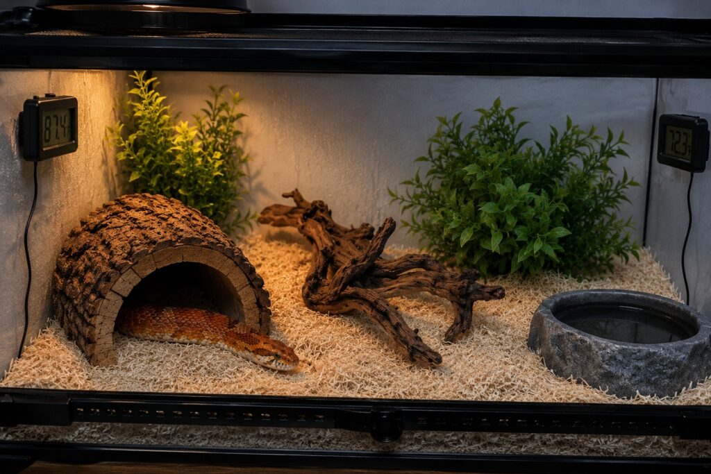 Corn snake enclosure showing a digital thermometer on the warm side and cool side with a temperature gradient