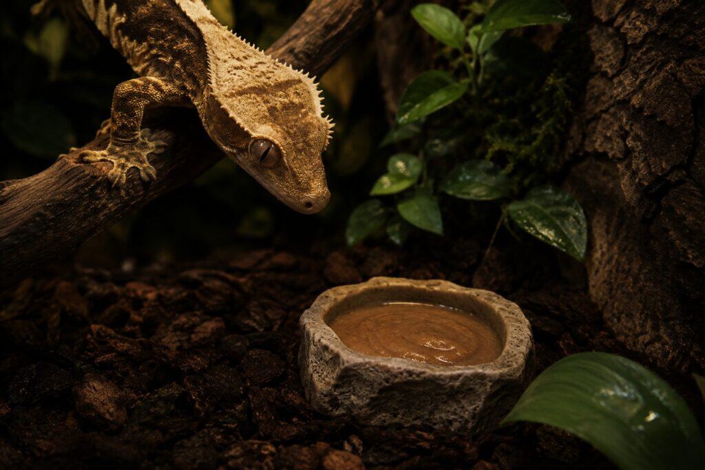  crested gecko not eating next to untouched food dish in terrarium