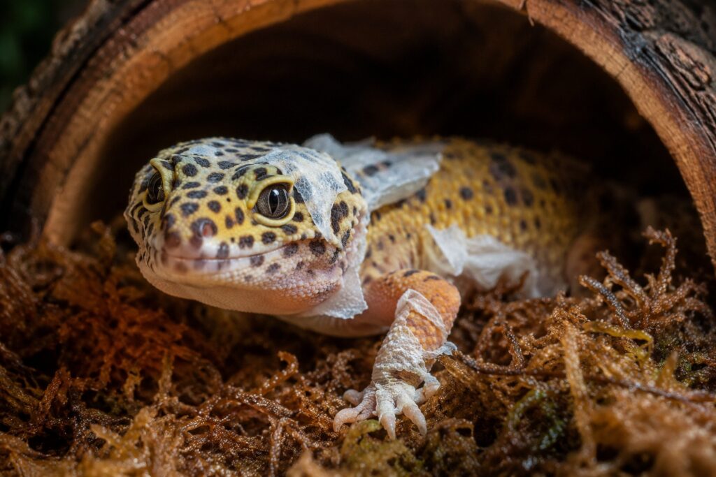 Leopard gecko with patches of retained shed skin on its toes and tail tip