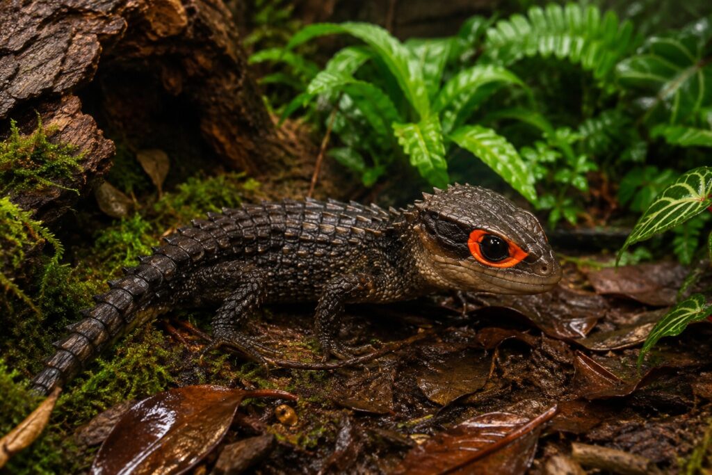 Red eyed crocodile skink resting on damp leaf litter inside a tropical vivarium