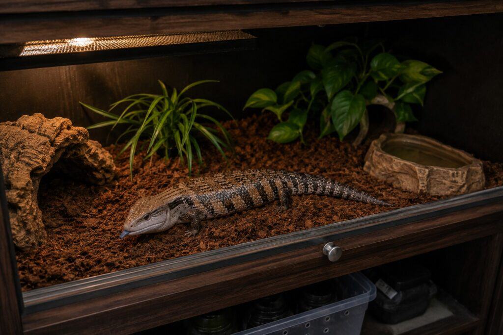 Blue tongue skink enclosure, Blue tongue skink resting on cypress mulch substrate inside a front-opening wooden enclosure with a basking spot