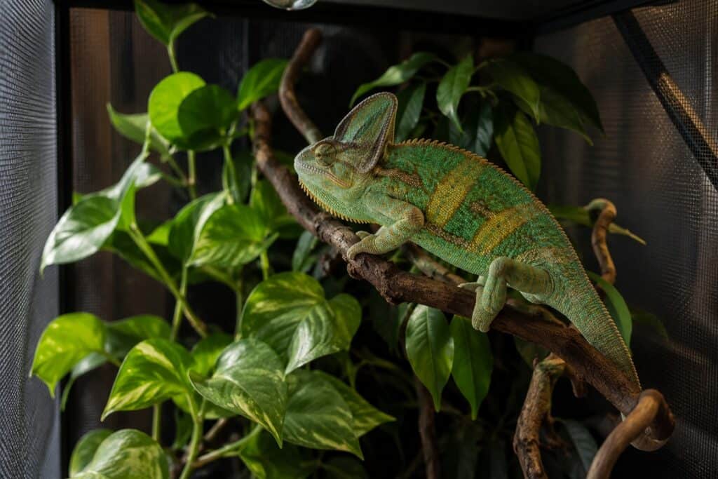 Chameleon enclosure, Veiled chameleon perched on a branch inside a tall screen enclosure with live pothos and ficus plants