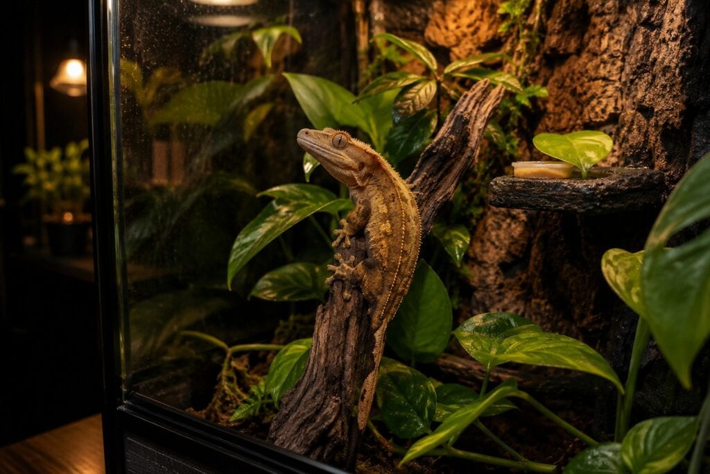 Crested gecko enclosure, Crested gecko perched on a branch inside a tall tropical vivarium with live plants and cork bark