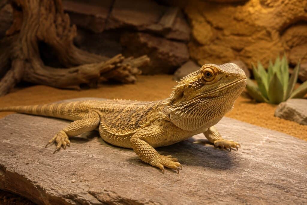 Adult bearded dragon basking on a rock under a heat lamp inside a well-set-up enclosure, how long do bearded dragons live
