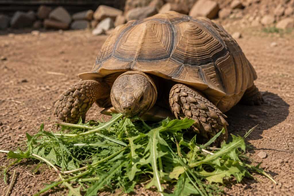 Sulcata tortoise diet, Sulcata tortoise eating a pile of fresh grass and dandelion greens on a dirt surface outdoors