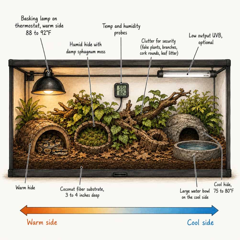 Labeled ball python enclosure setup with basking lamp, warm and cool hides, humid hide, water bowl, and temperature gradient