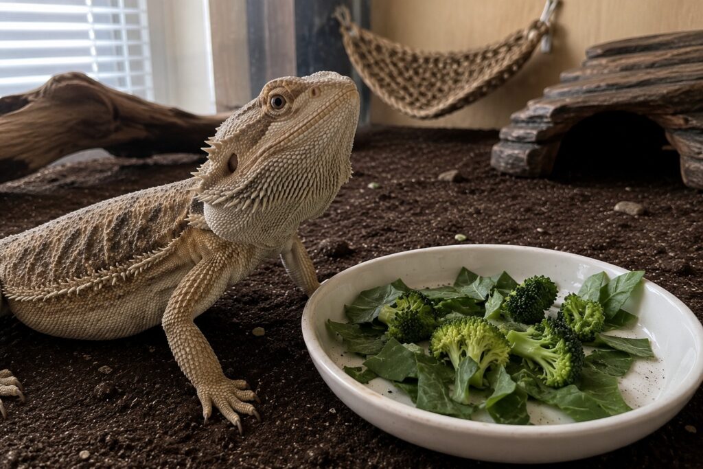 can bearded dragons eat broccoli, Bearded dragon looking at a few small pieces of chopped raw broccoli florets in a shallow feeding dish
