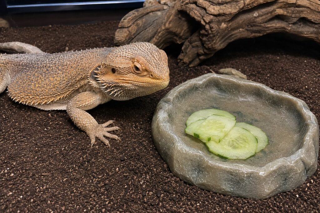 can bearded dragons eat cucumbers, Bearded dragon beside thin slices of peeled cucumber in a shallow food dish
