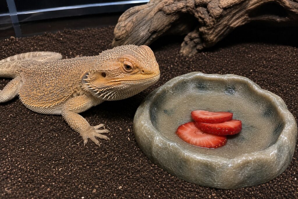 can bearded dragons eat strawberries, Bearded dragon beside a small amount of sliced fresh strawberry in a shallow food dish