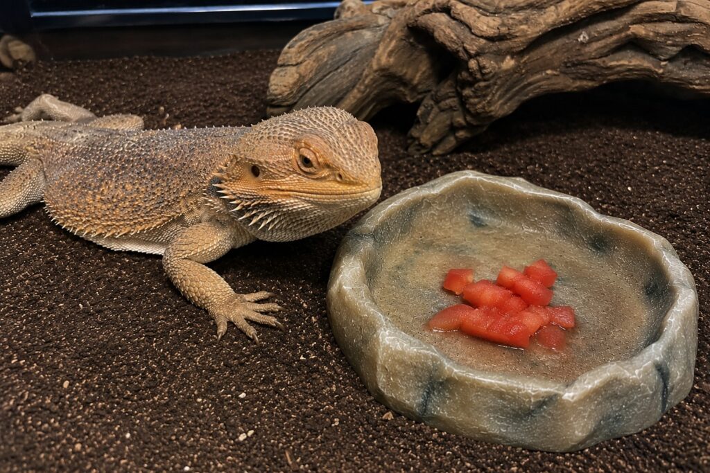 Can bearded dragons eat tomatoes, Bearded dragon beside a small amount of diced ripe red tomato in a shallow food dish