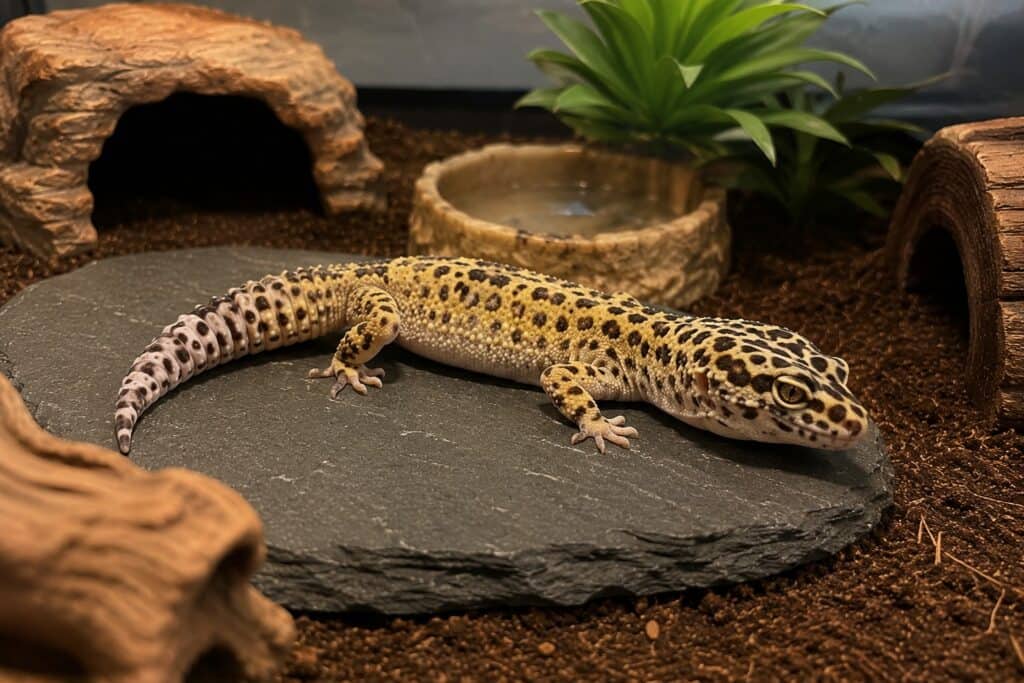 leopard gecko lifespan, Adult leopard gecko resting on slate rock inside a well-furnished enclosure