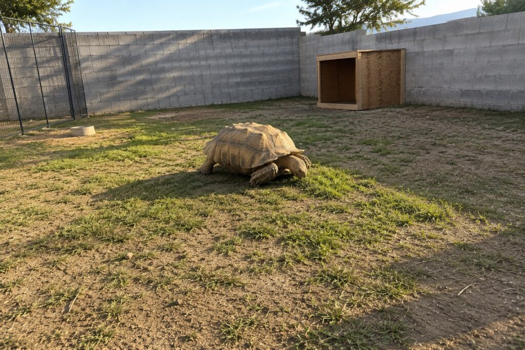 sulcata tortoise care, Adult sulcata tortoise grazing on grass in a sunny backyard pen with a wooden shelter behind it