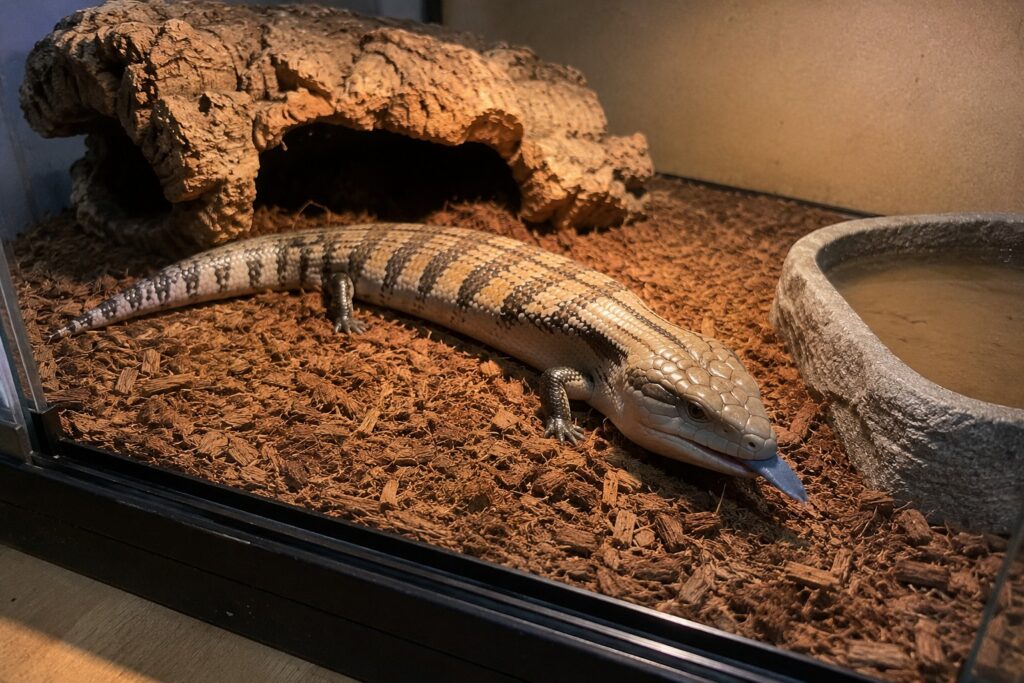 blue tongue skink care, Northern blue tongue skink resting on cypress mulch substrate with its blue tongue extended