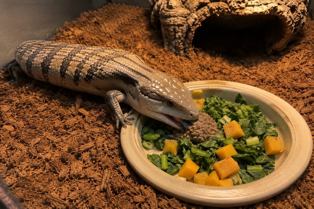 blue tongue skink diet, Blue tongue skink eating a mixed salad of chopped greens, squash, and protein from a shallow dish