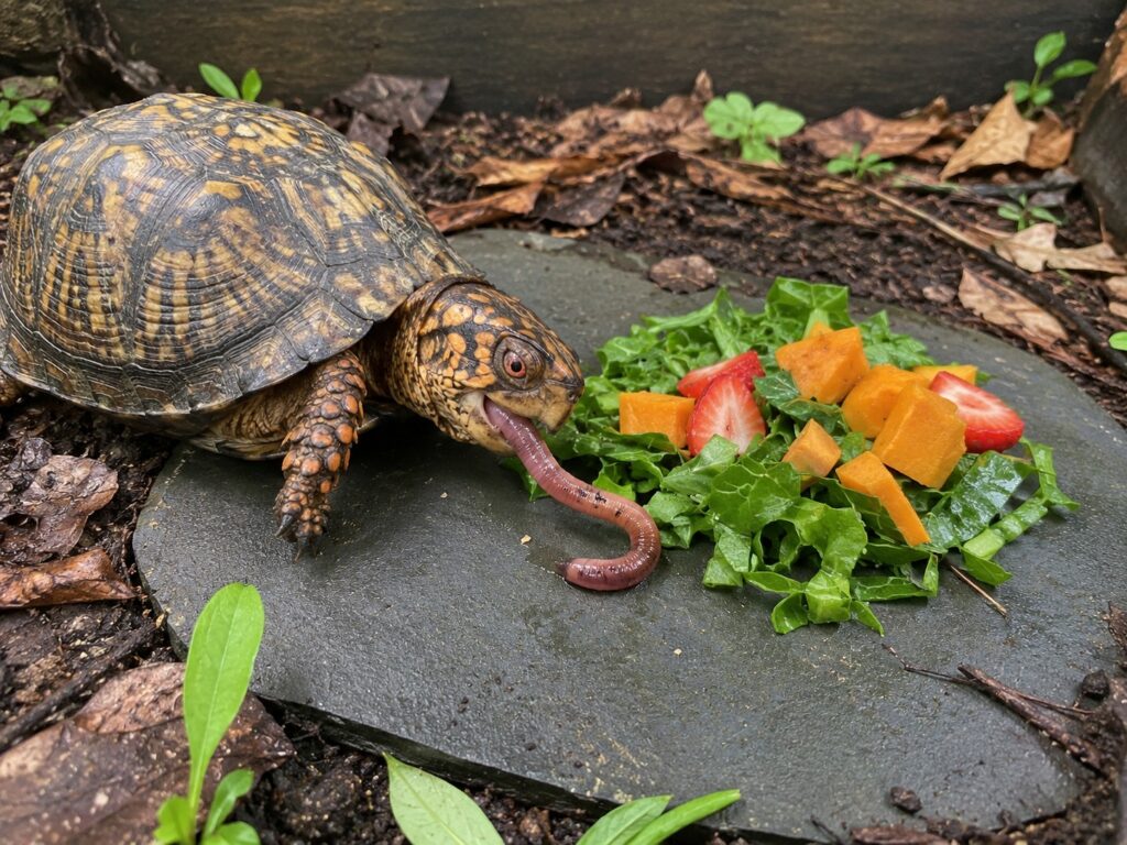 box turtle diet, Eastern box turtle eating an earthworm from a flat stone feeding slab beside chopped greens and berries