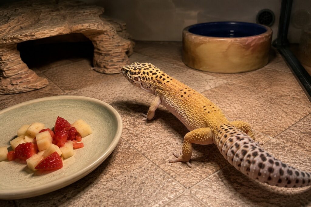 can leopard geckos eat fruit, Leopard gecko in its enclosure looking away from a small dish holding pieces of chopped fruit