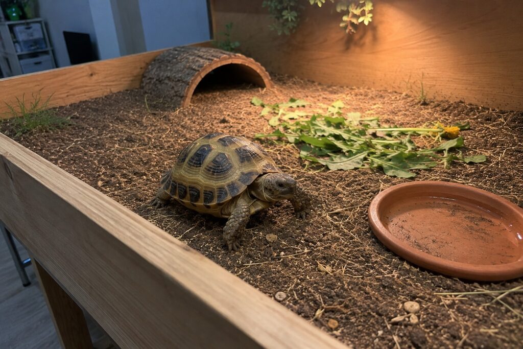 russian tortoise care, Russian tortoise walking across dry soil substrate beside a shallow water dish and a pile of dandelion greens