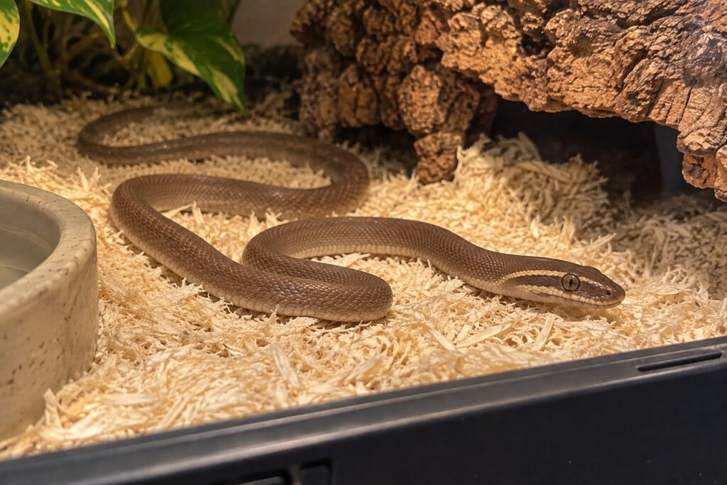 african house snake care, African house snake resting on aspen bedding beside a cork bark hide in a small enclosure