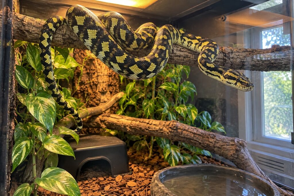 carpet python care, Carpet python draped over a horizontal branch inside a tall wooden enclosure