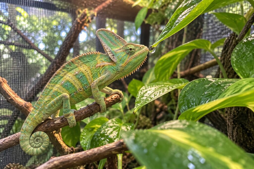 chameleon care, Veiled chameleon drinking water droplets from a pothos leaf inside a planted screen enclosure