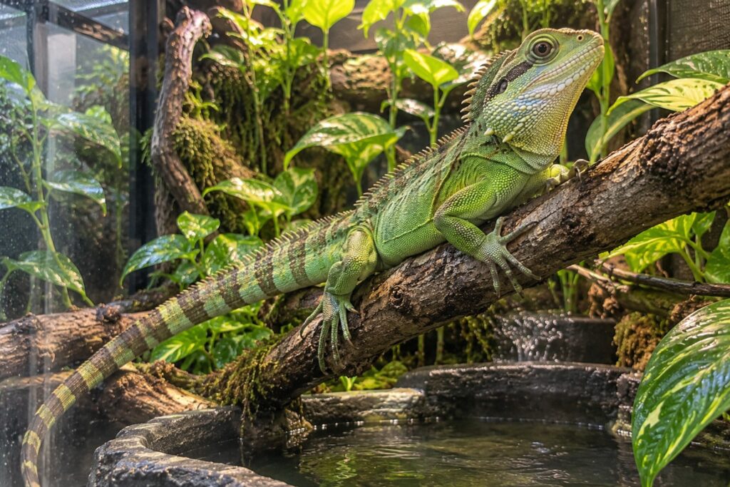 chinese water dragon care, Chinese water dragon perched on a branch above a large water dish inside a tall planted enclosure