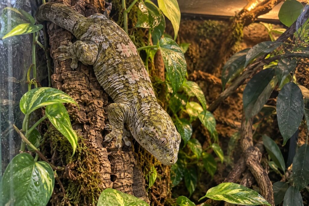 leachie gecko care, Large leachie gecko clinging to a thick cork branch inside a tall planted terrarium