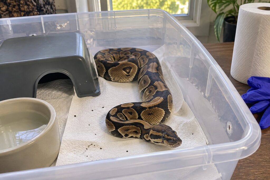 snake mites treatment, Snake mites treatment setup with a ball python in a plain quarantine tub lined with white paper towels