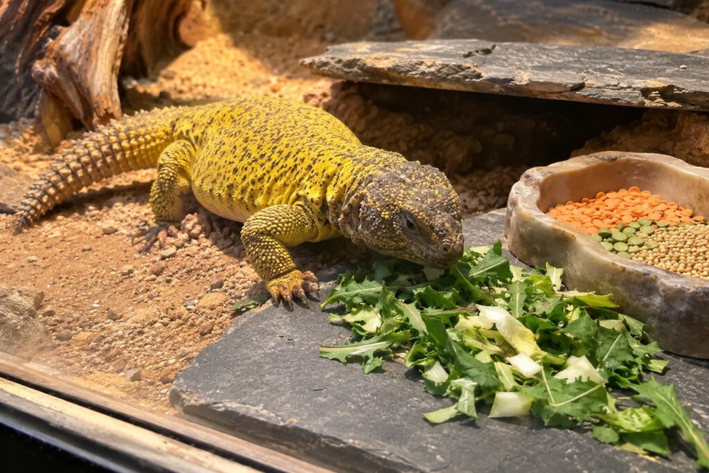 uromastyx diet, Uromastyx eating chopped dandelion greens next to a small dish of dry split lentils and millet